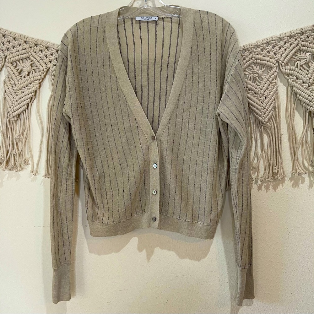 MM LaFleur Linen Blend Taupe Black Sheer Cardigan